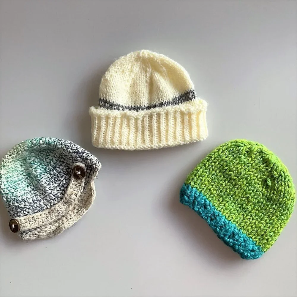 Lot of 3 Handmade Knit & Crochet Baby Beanie Hats – Unisex